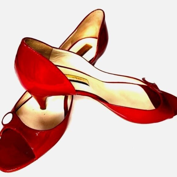 Rupert Sanderson Women Red Patent Leather Peep Toe Kitten Heel Pumps Sz 8 M EUC - Picture 6 of 10